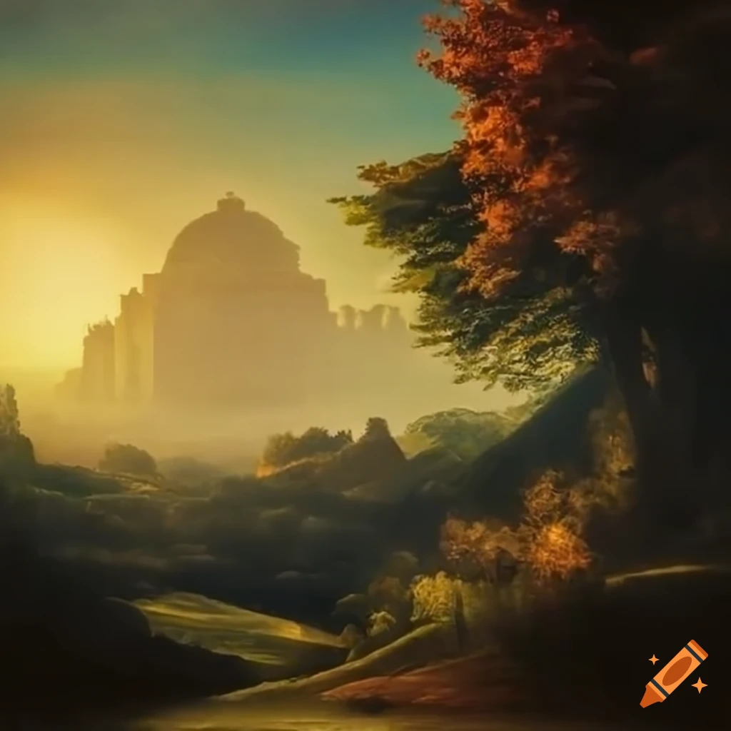 Sinister renaissance landscape in late afternoon sunlight