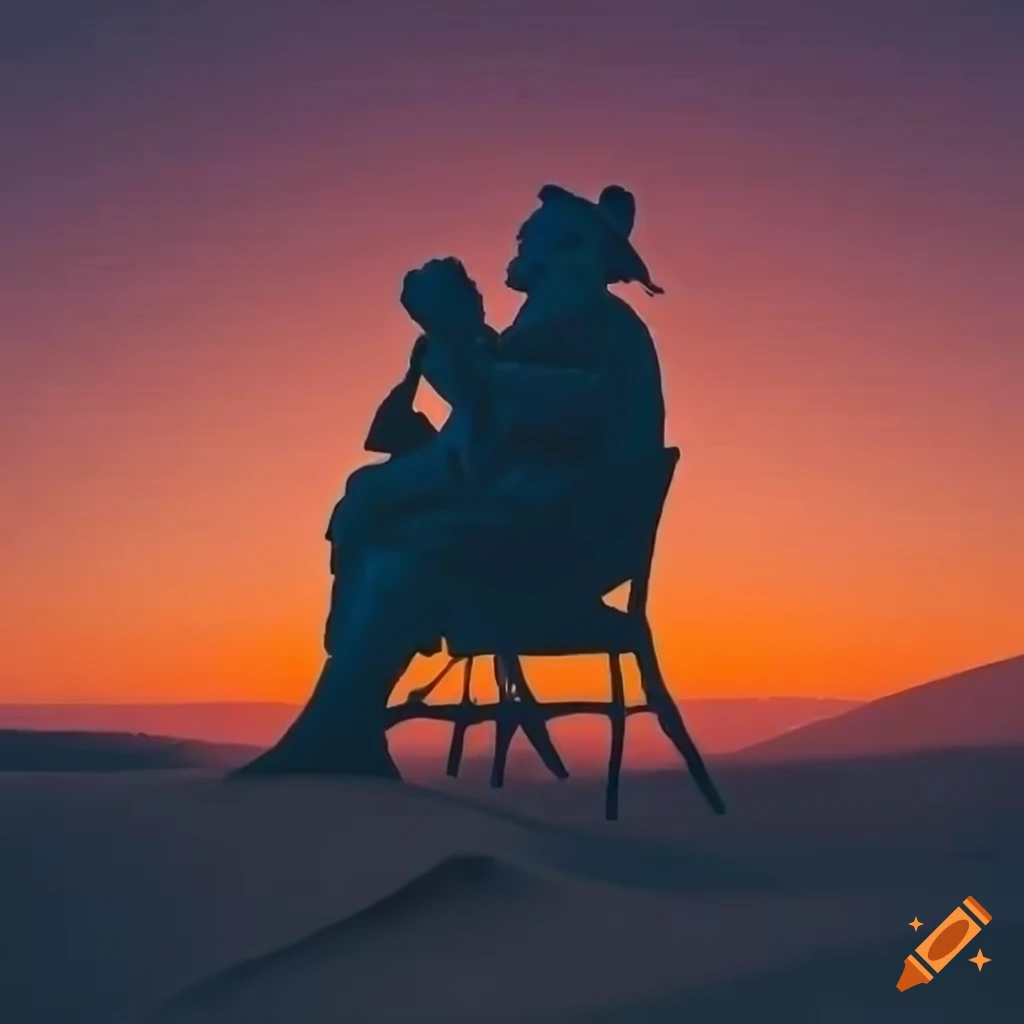 Long-haired old man silhouetted against an orange desert sunset