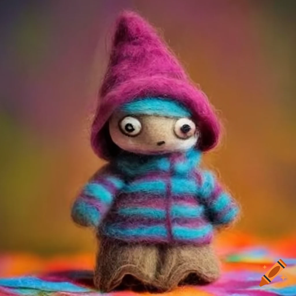 Felted wool creatures wearing colorful wool clothing on a textured background