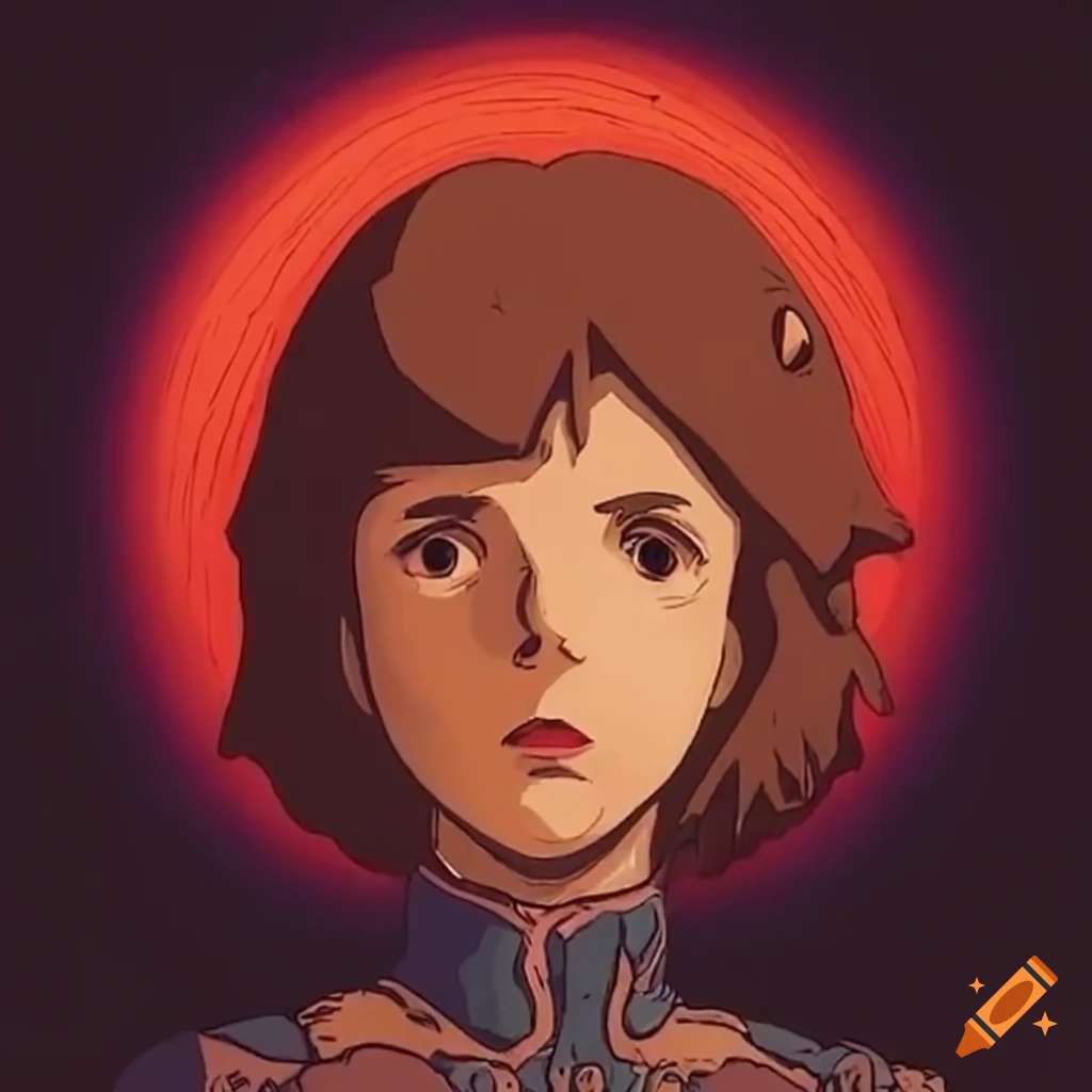 Nausicaa in front of a red sun with a warlike expression in an 80s style
