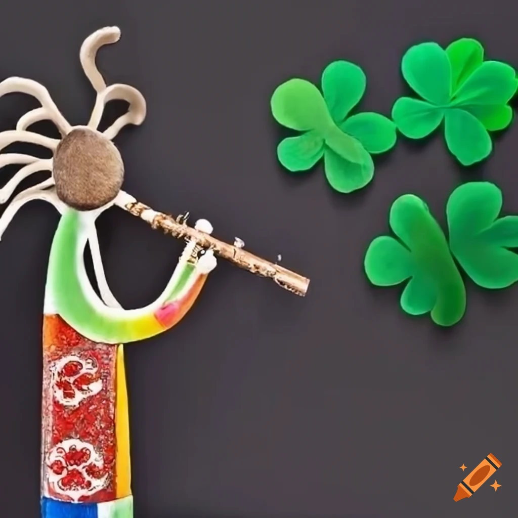 Colorful kokopelli playing flute with shamrocks, leprechaun hat