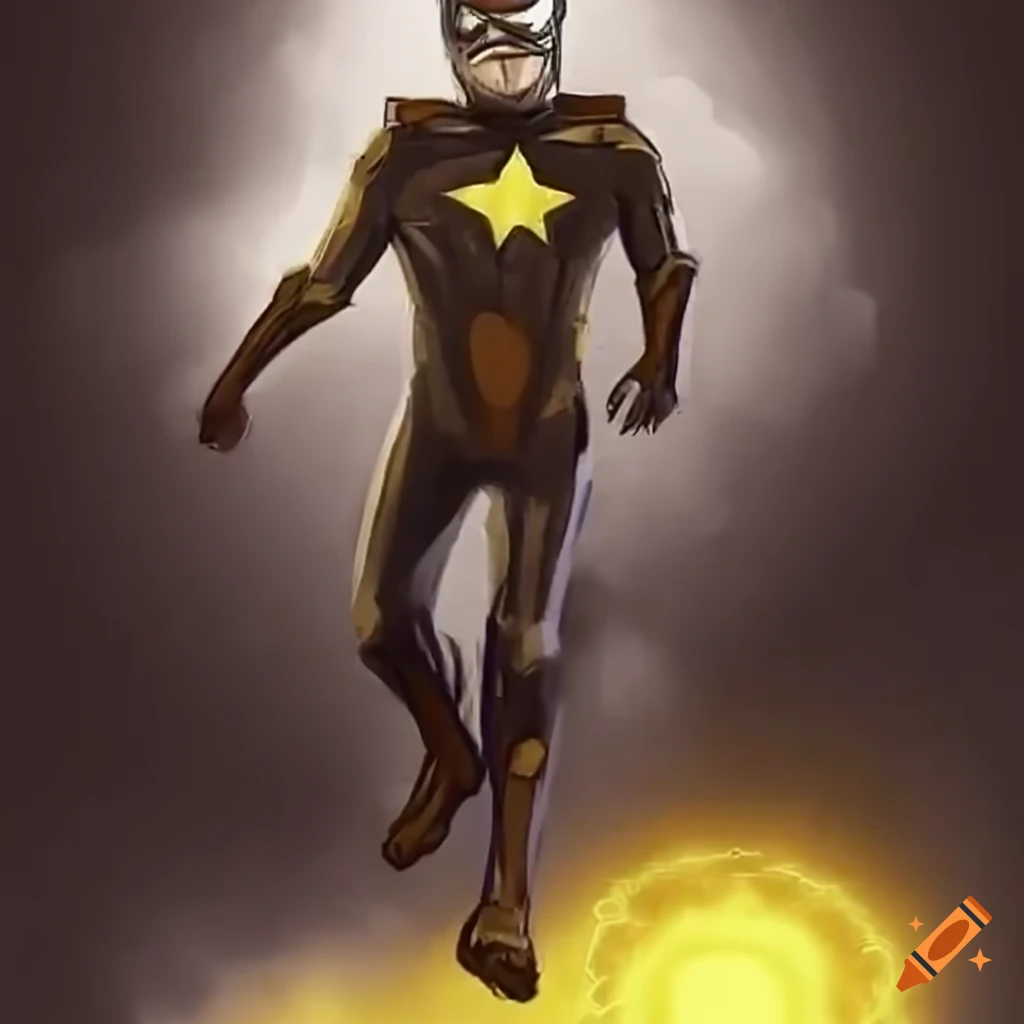 Captain Iodine in a flying superhero suit shooting beams from his hands with explosive backdrop
