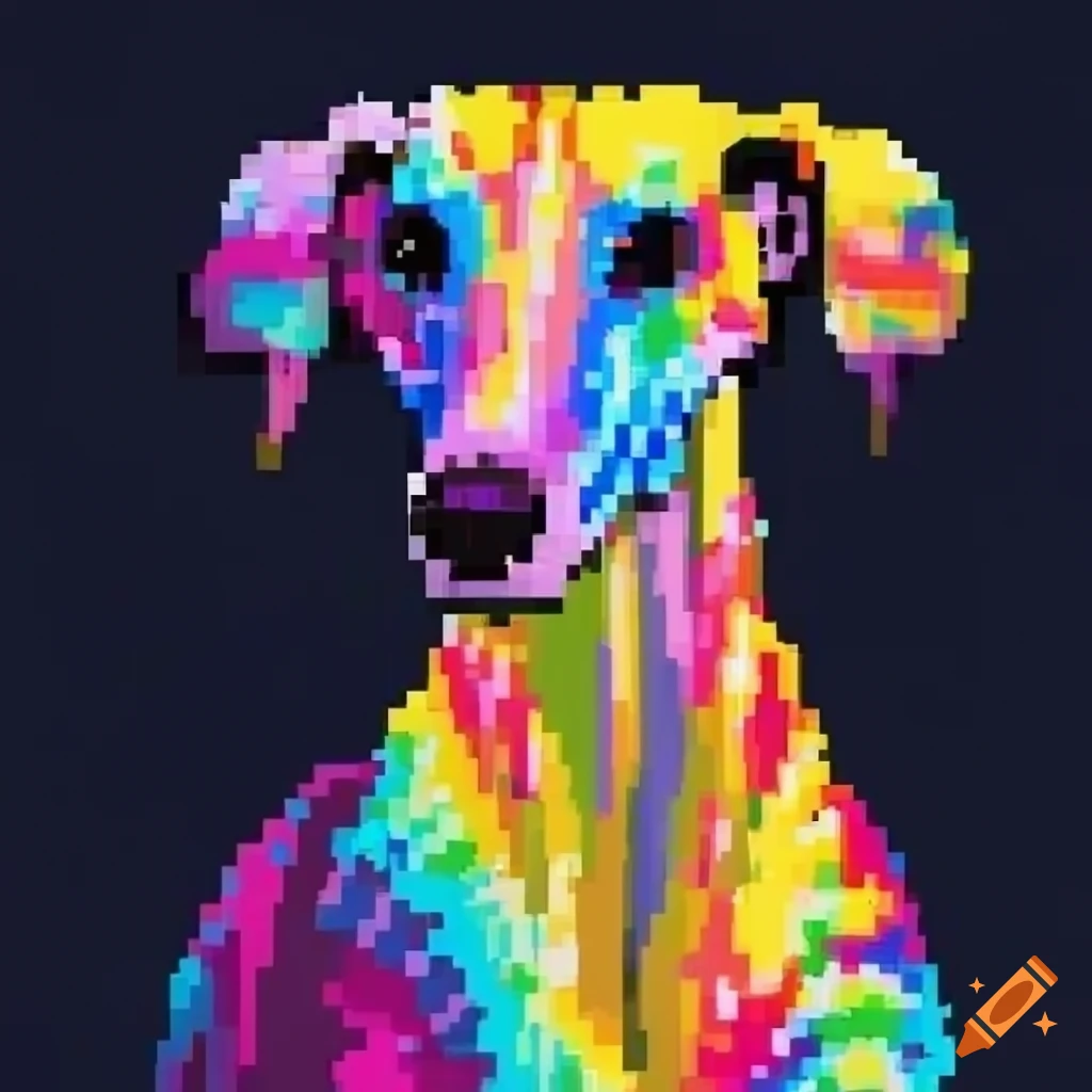 Greyhound dog with rainbow tie-dye fur in pixel art style on Craiyon
