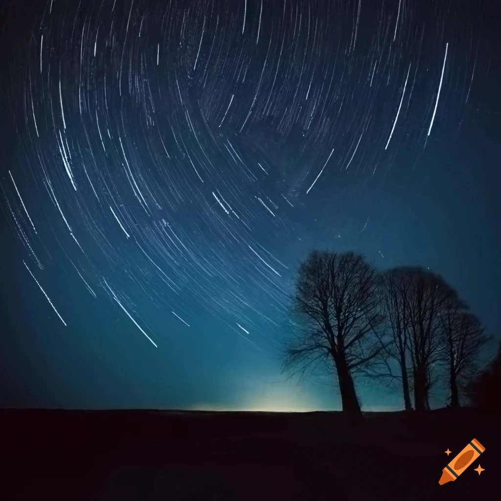 Open field in the rain under a starry night sky with a meteor shower