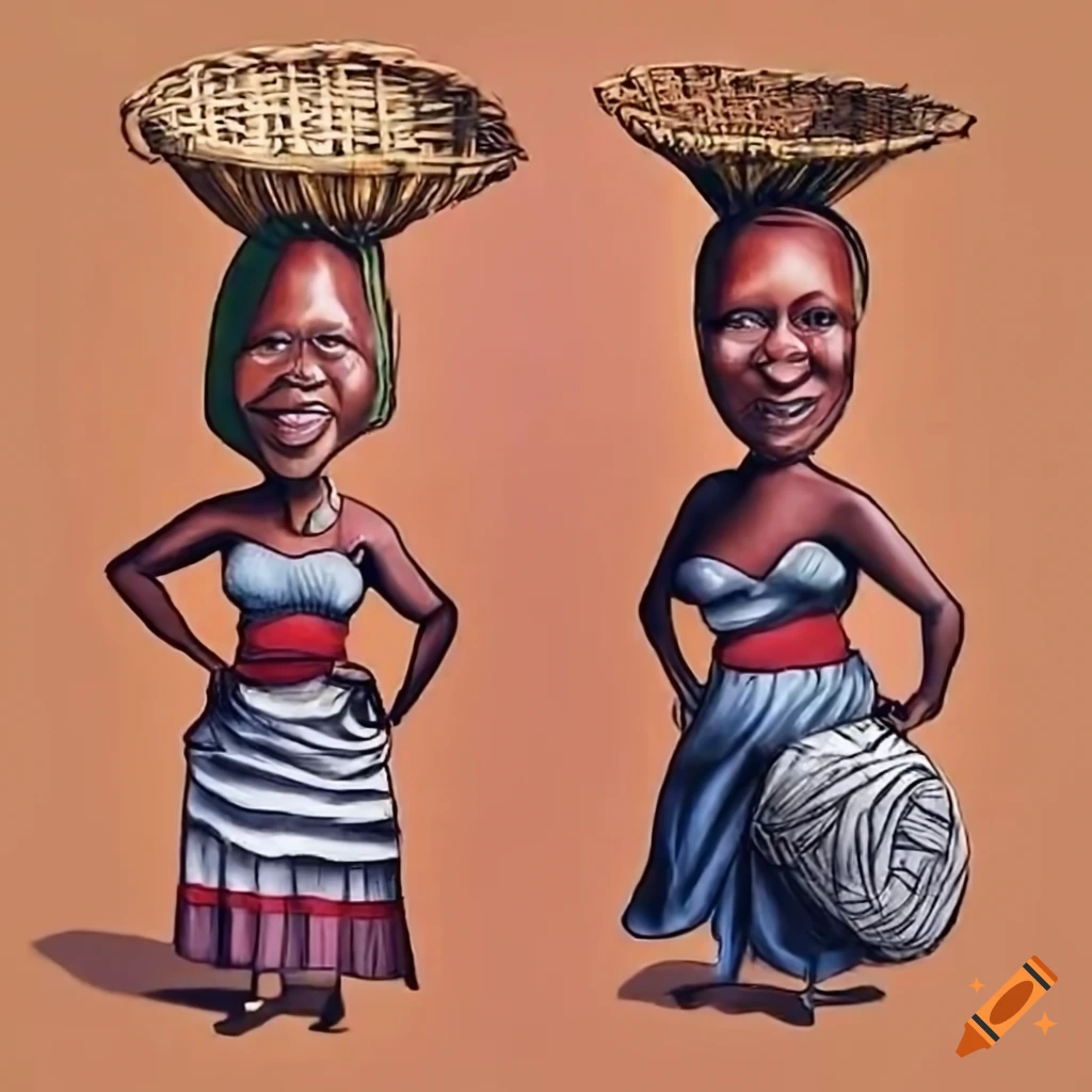 Caricatures of women carrying baskets in a central African market