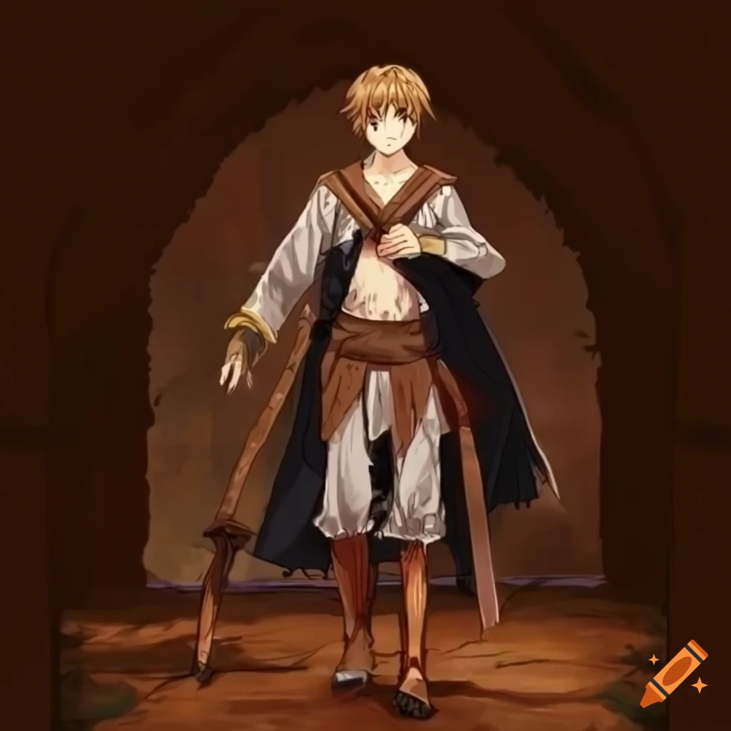 Anime-style male character with green eyes and leather book in medieval clothing