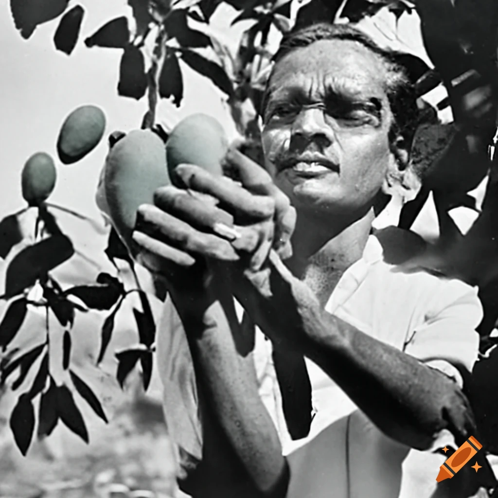 Newspaper editor watering a mango plant in 1950s india on Craiyon