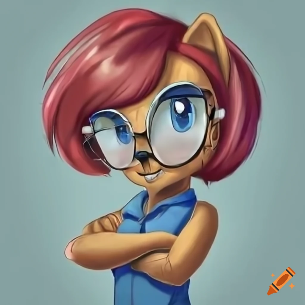 Sally Acorn with black pixie cut hair, pink shirt, and glasses, arms crossed
