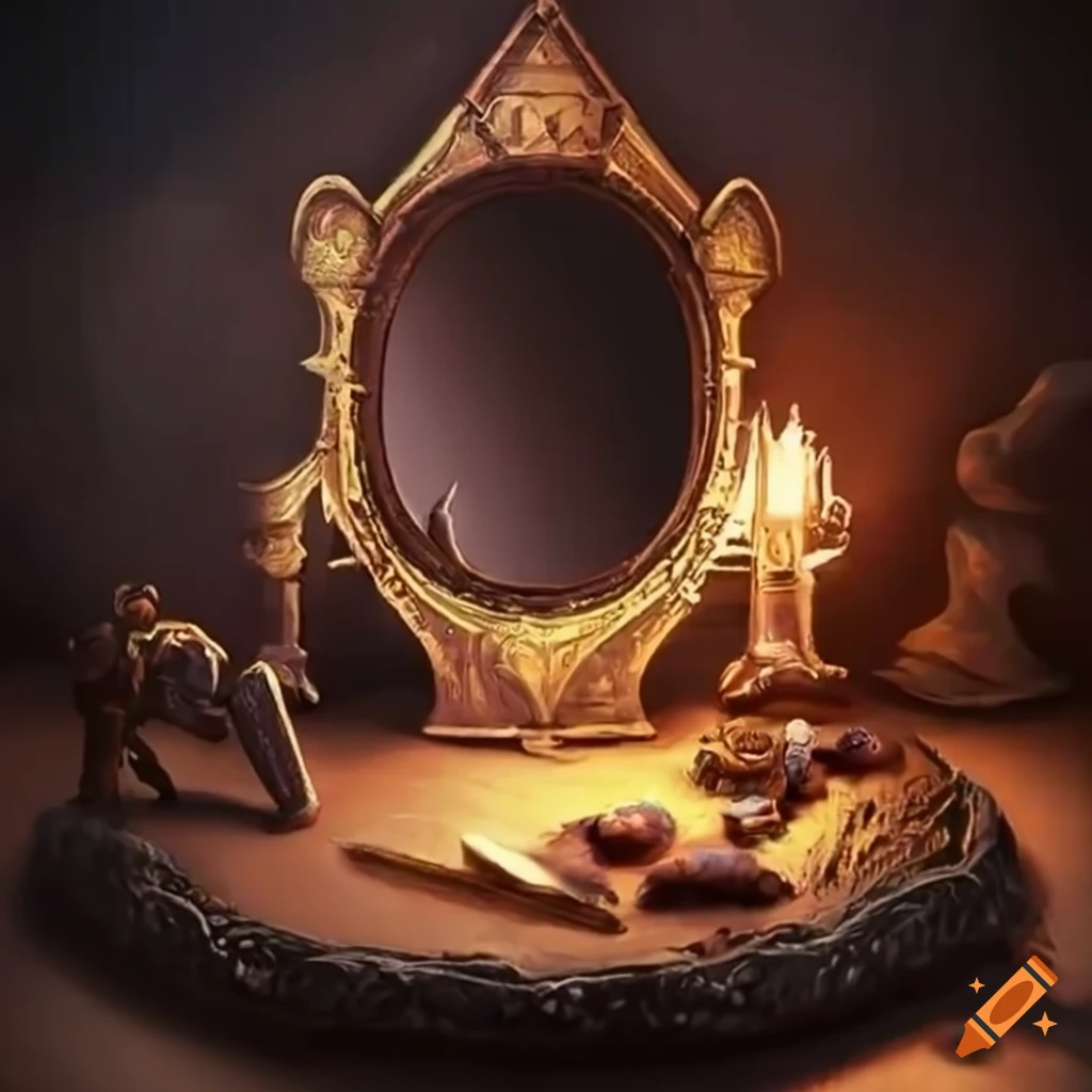 D&D fantasy mirror with a d21 die on a table