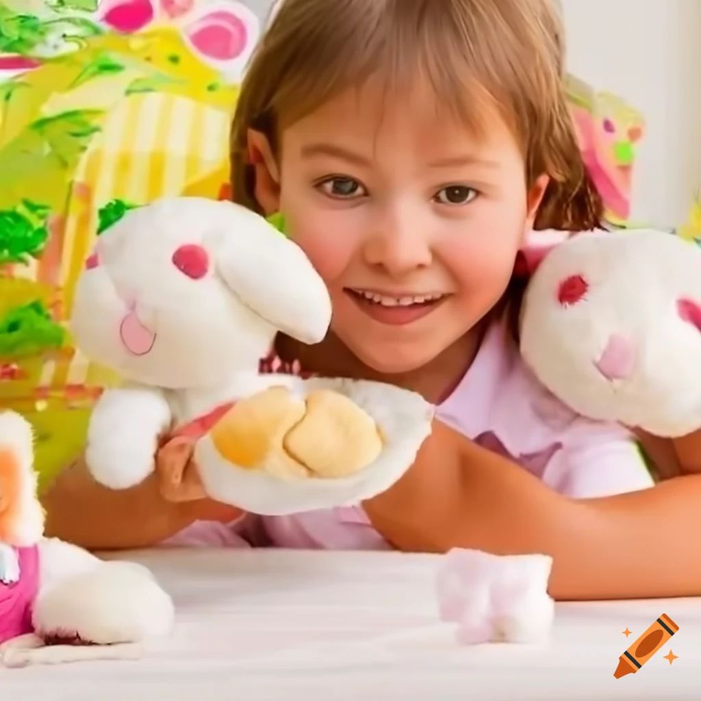 Child enjoying treats with stuffed rabbit buddy on Craiyon