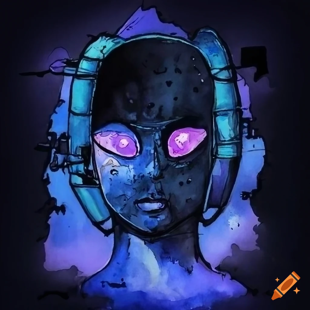 Ultra cyberpunk minimalist cartooning in blue-black watercolor by fountain pen