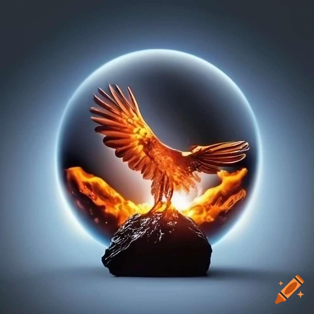 Sinister fire eagle holding icy glass orb in crystal sphere with moonlight