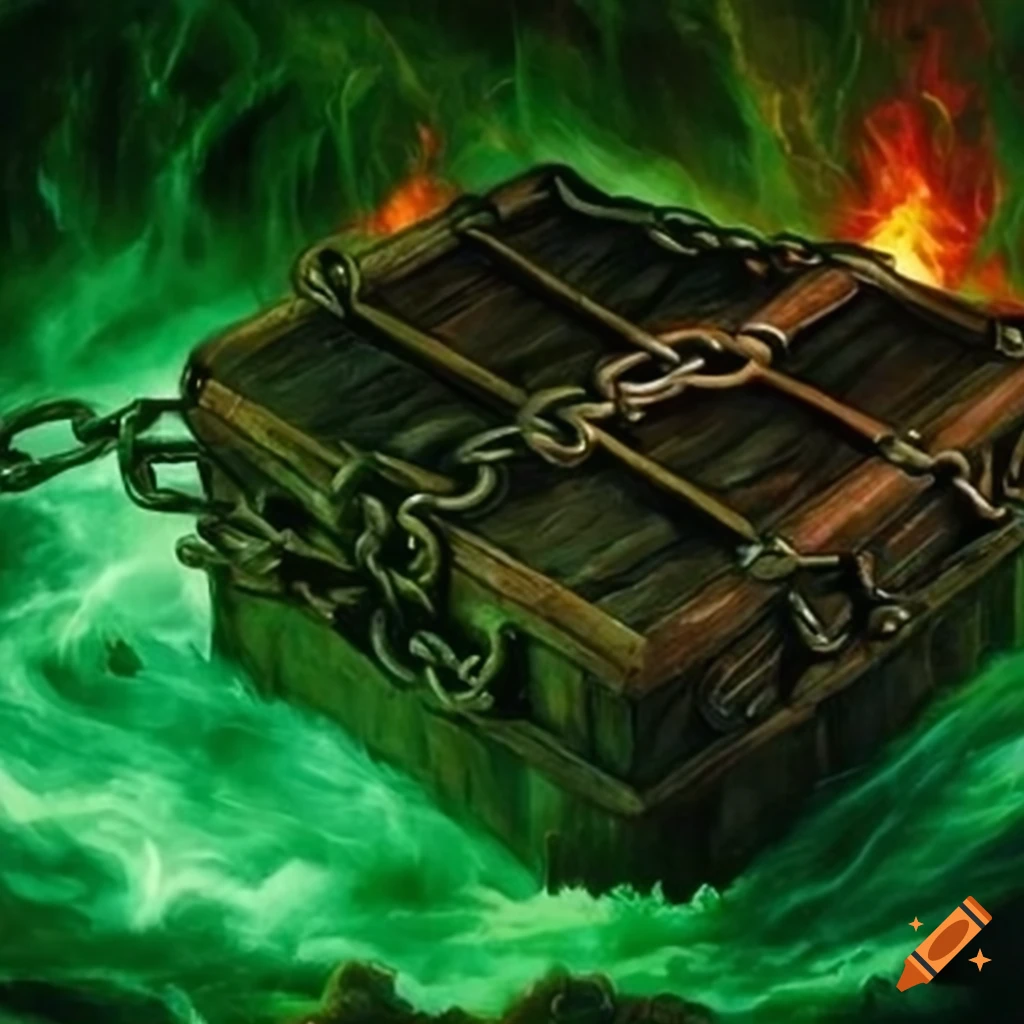 Locked chest with chains of fire and green magic in dark fantasy art by