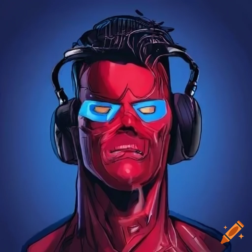 Close up of superhero wearing headphones in Jim Lee style