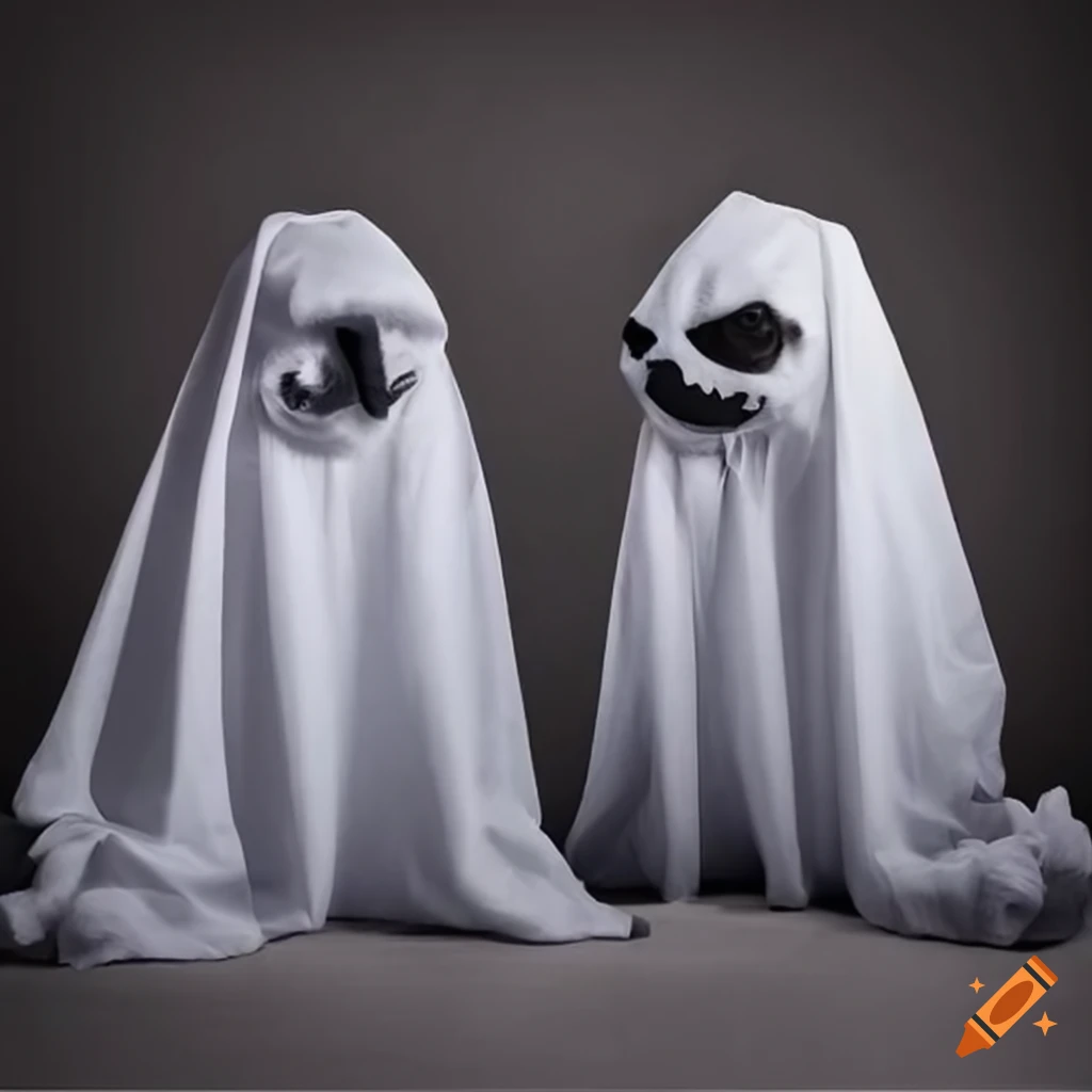 Meerkats in halloween ghost costume with eyeholes in a bedsheet on Craiyon