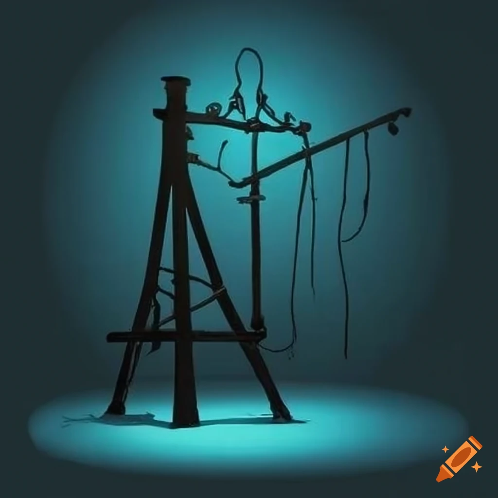 Gallows pole with lanterns in a dark scene