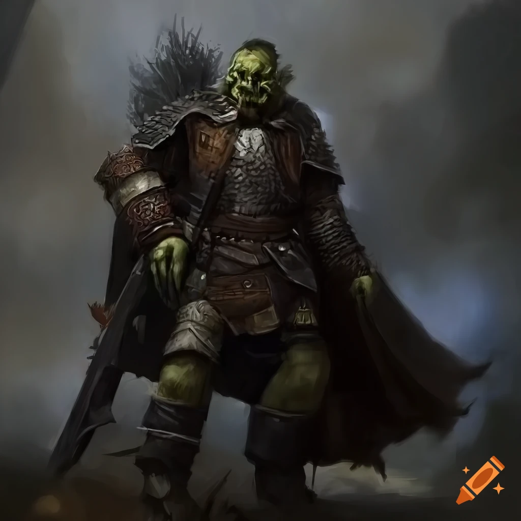 Slim orc with helmet and armor inspired by Lord of the Rings in a painterly style