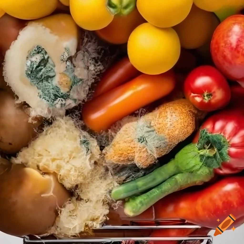 Mouldy fruits and vegetables in a grocery basket from above