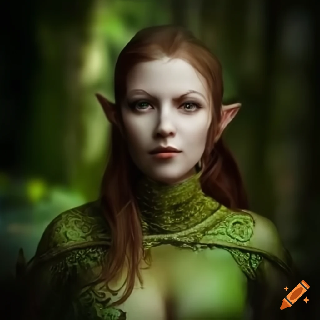 Beautiful and brave 22-year-old female elf in a green tunic on Craiyon