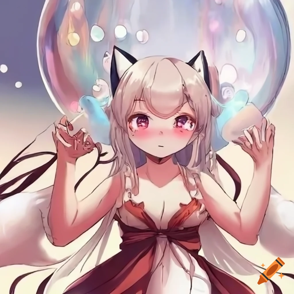 Enchanting anime fox girl inside a clear bubble