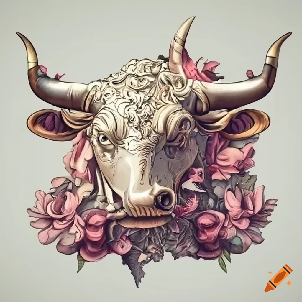 Renaissance-style sculpture of a bull adorned with lush vines