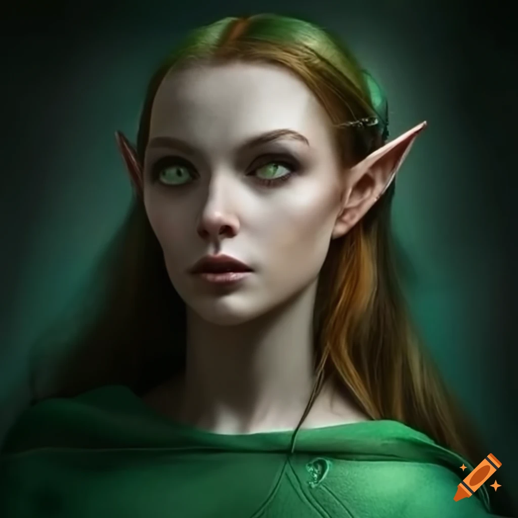 Beautiful 22-year-old female elf in a green tunic on Craiyon