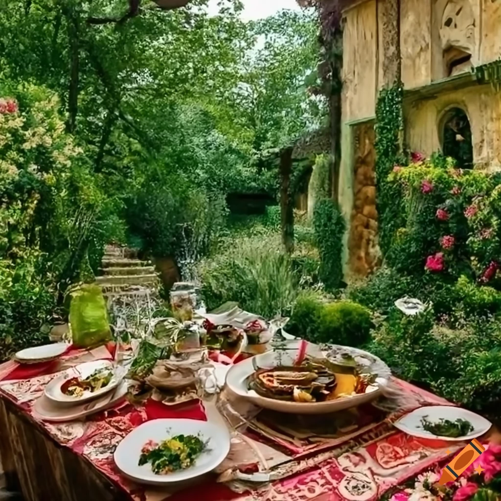 Intricate and vibrant artwork of a Romanian house with a lush garden, village setting, and dinner table
