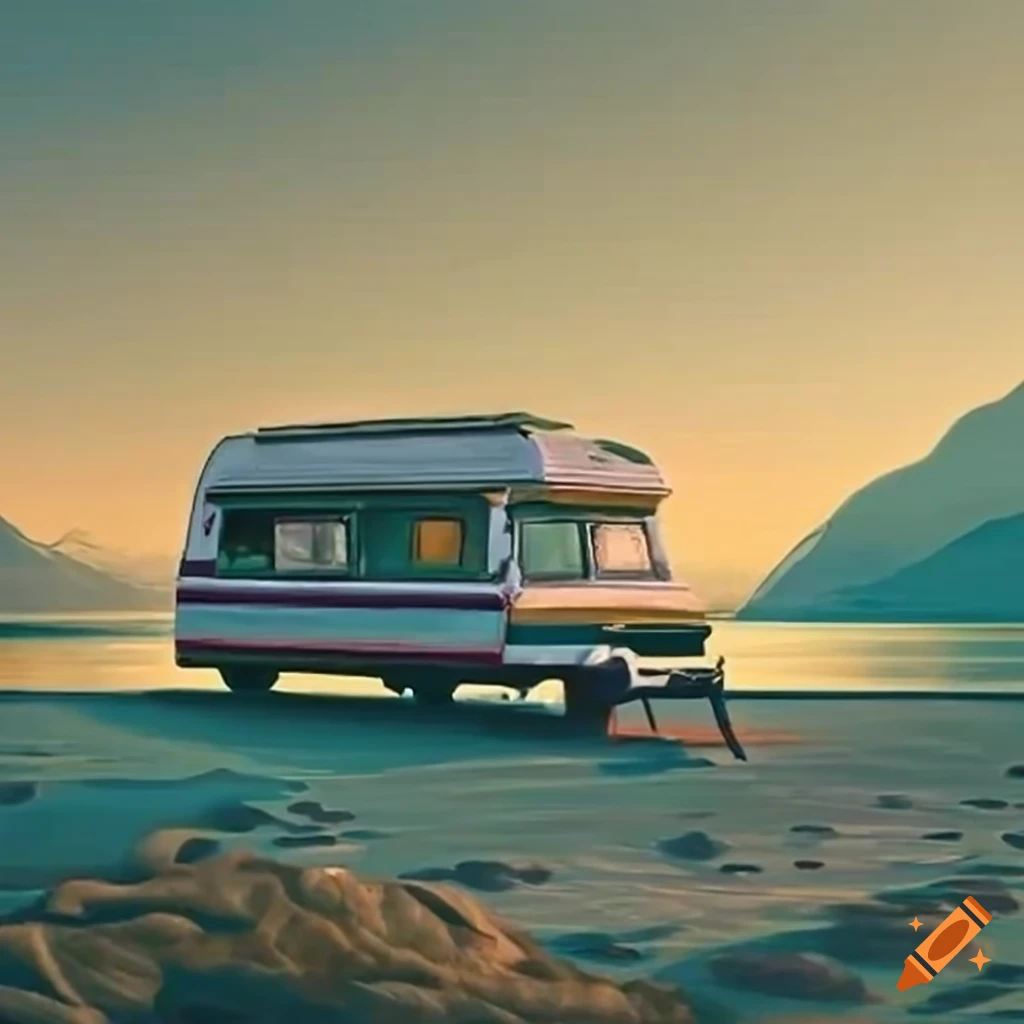 Camper van parked by a serene lake with mountains in the background on ...