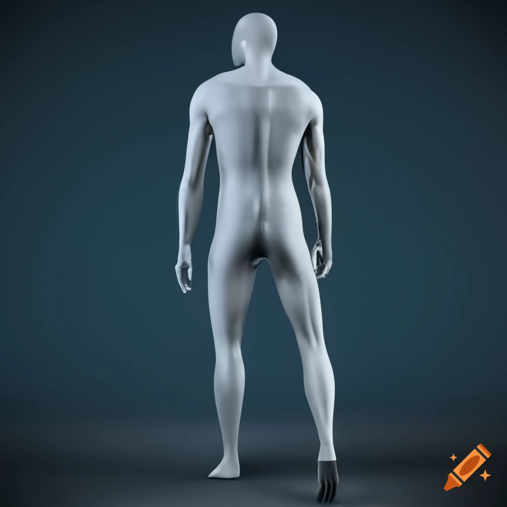 Bluish-grey male mannequin with futuristic appearance viewed from behind