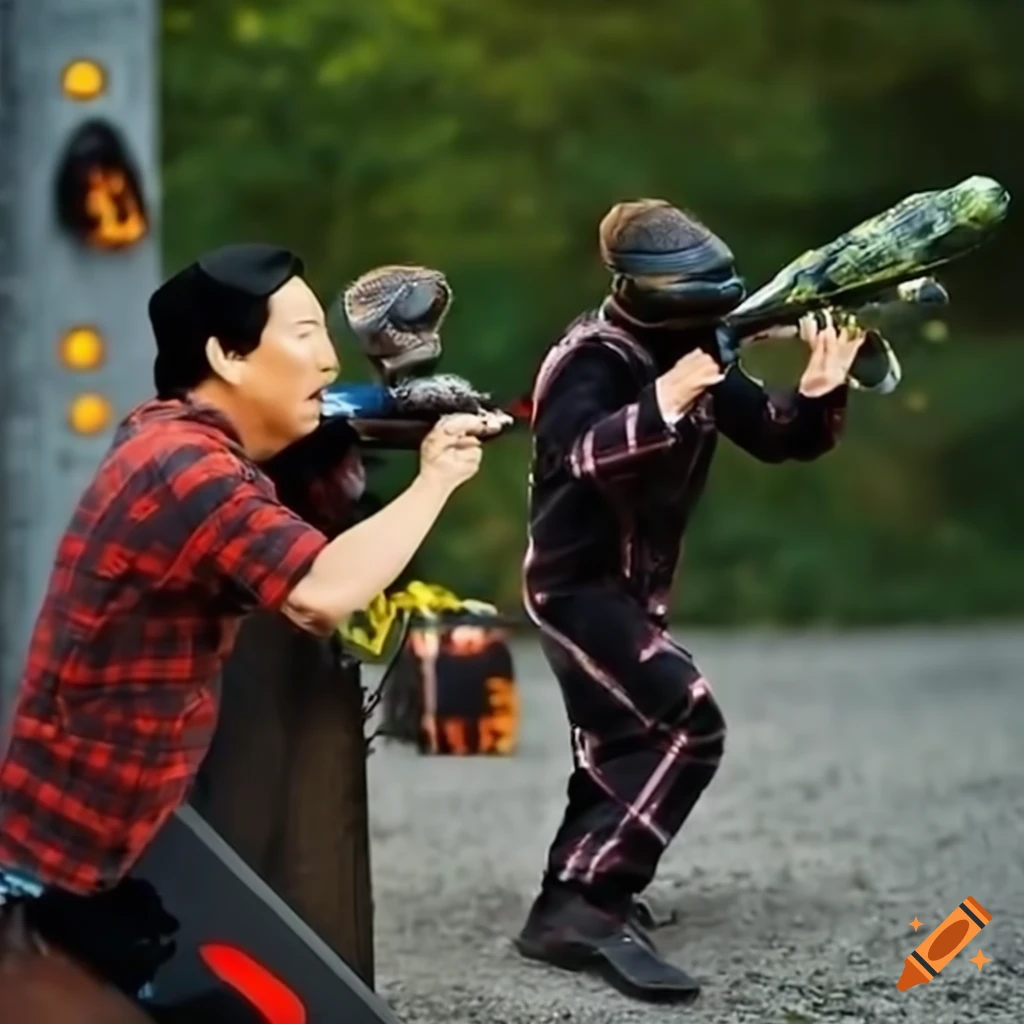 Joel McHale and Ken Jeong in a lively paintball duel