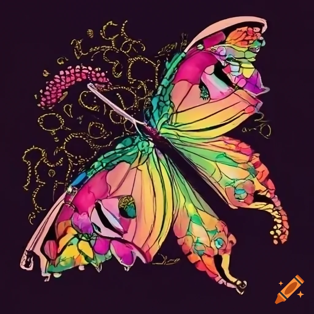 Butterfly with gemstone wings in an hourglass surrounded by black flowers and a floral scythe