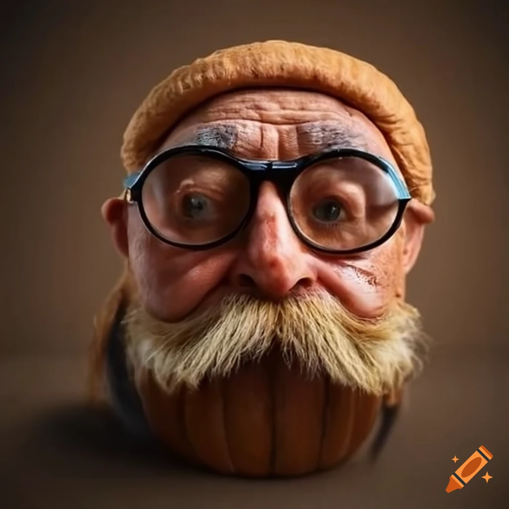 Elderly man with butternut squash, glasses, and mustache on Craiyon
