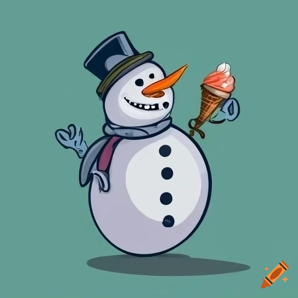 Snowman in a suit holding ice cream in a 2D cartoon style