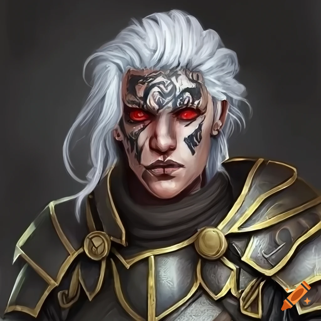Male githyanki paladin with red eyes and white hair in a fantasy ...