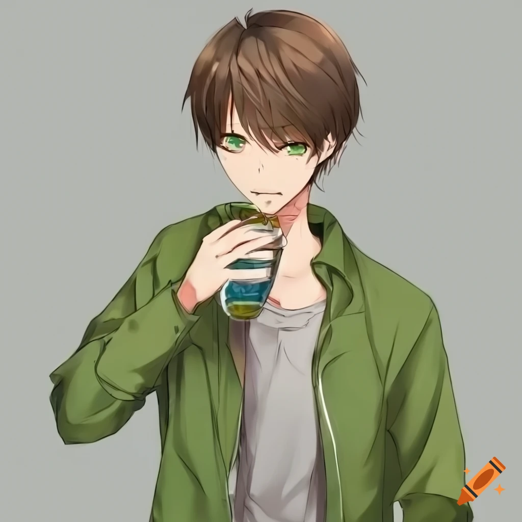 Anime guy with short brown hair and green eyes in a stylish outfit on ...