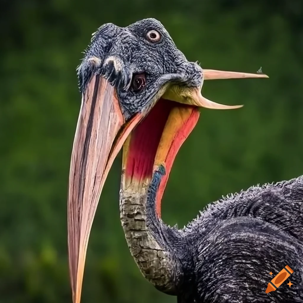 Giant Quetzalcoatlus monster with black and white patterns, uncanny valley horror