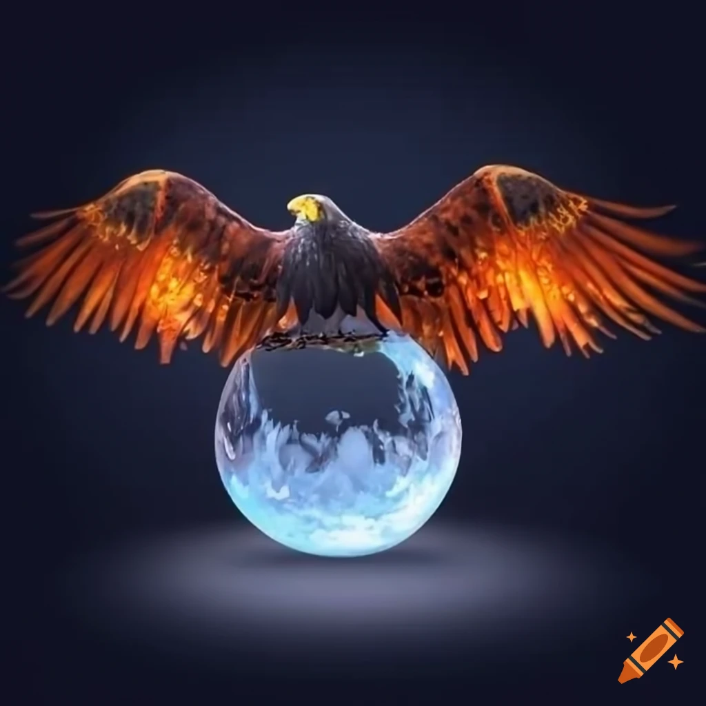 Sinister fire eagle holding icy glass orb in crystal sphere with moonlight