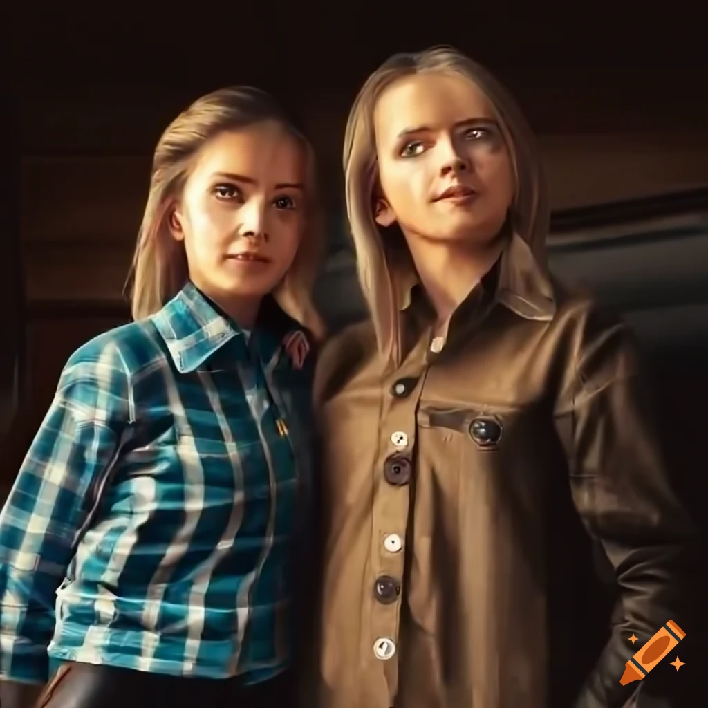 The Irimia twins in country style outfits standing at a caravan doorway