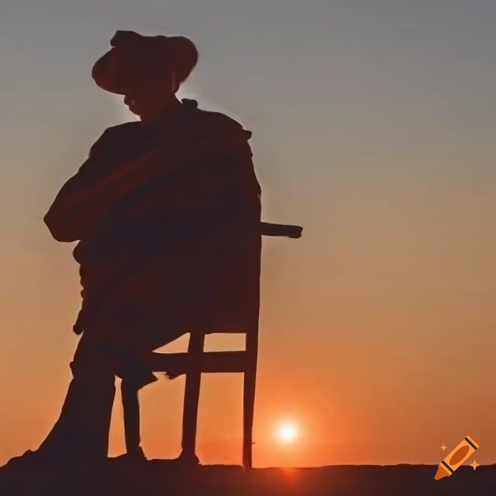 Long-haired old man silhouetted against an orange desert sunset