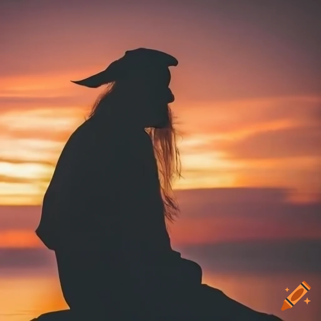 Elderly man in traditional clothing sitting against a vibrant sunset