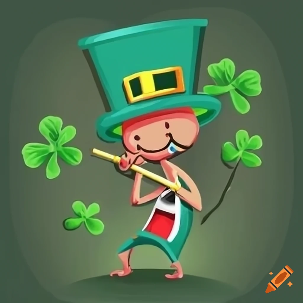 Colorful kokopelli playing flute with shamrocks like musical notes