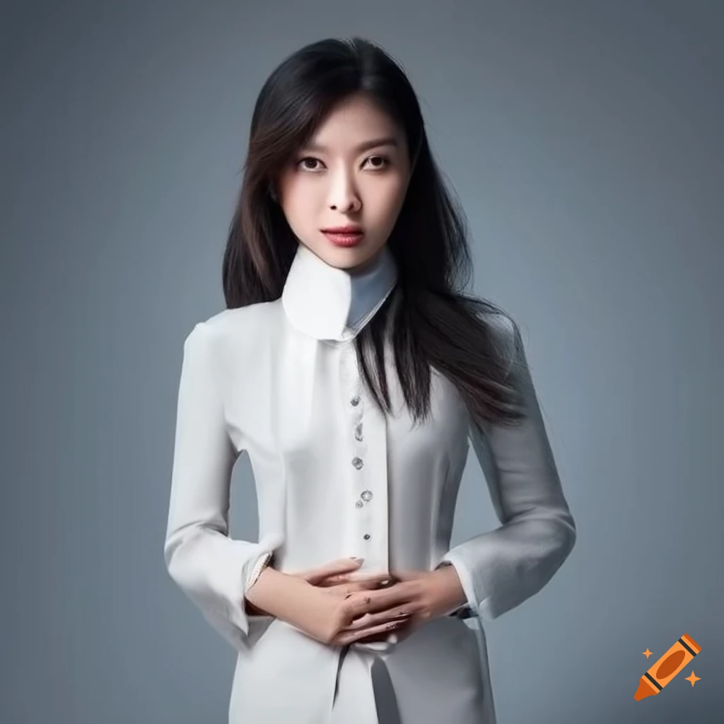 Asian woman wearing grey trouser suit and white blouse with wide collars