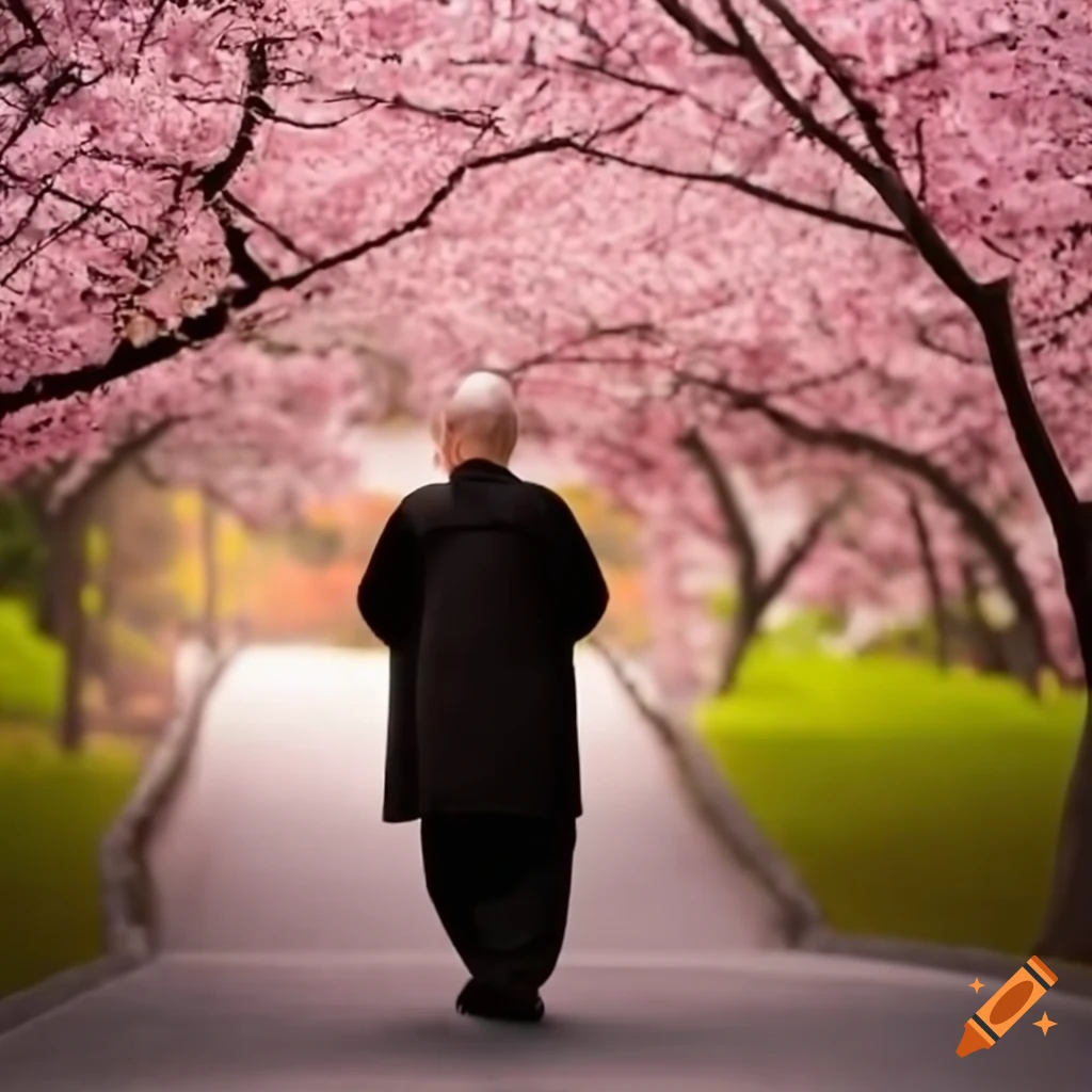 Tai chi practice in a Japanese Garden with cherry blossom