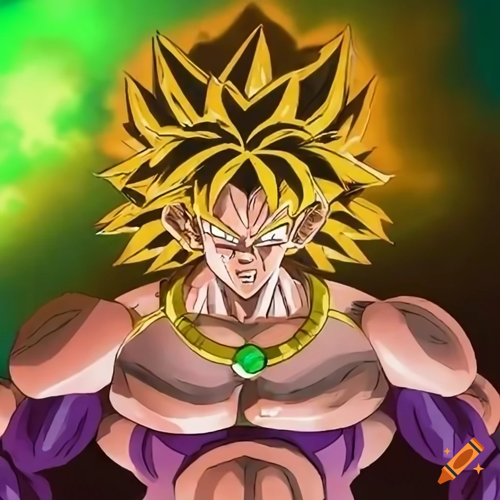 Broly from Dragon Ball Z blended with Indian cartoon character Bade against a dramatic backdrop