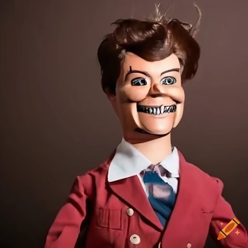 Exaggerated ventriloquist dummy puppet reclined on vintage couch on Craiyon