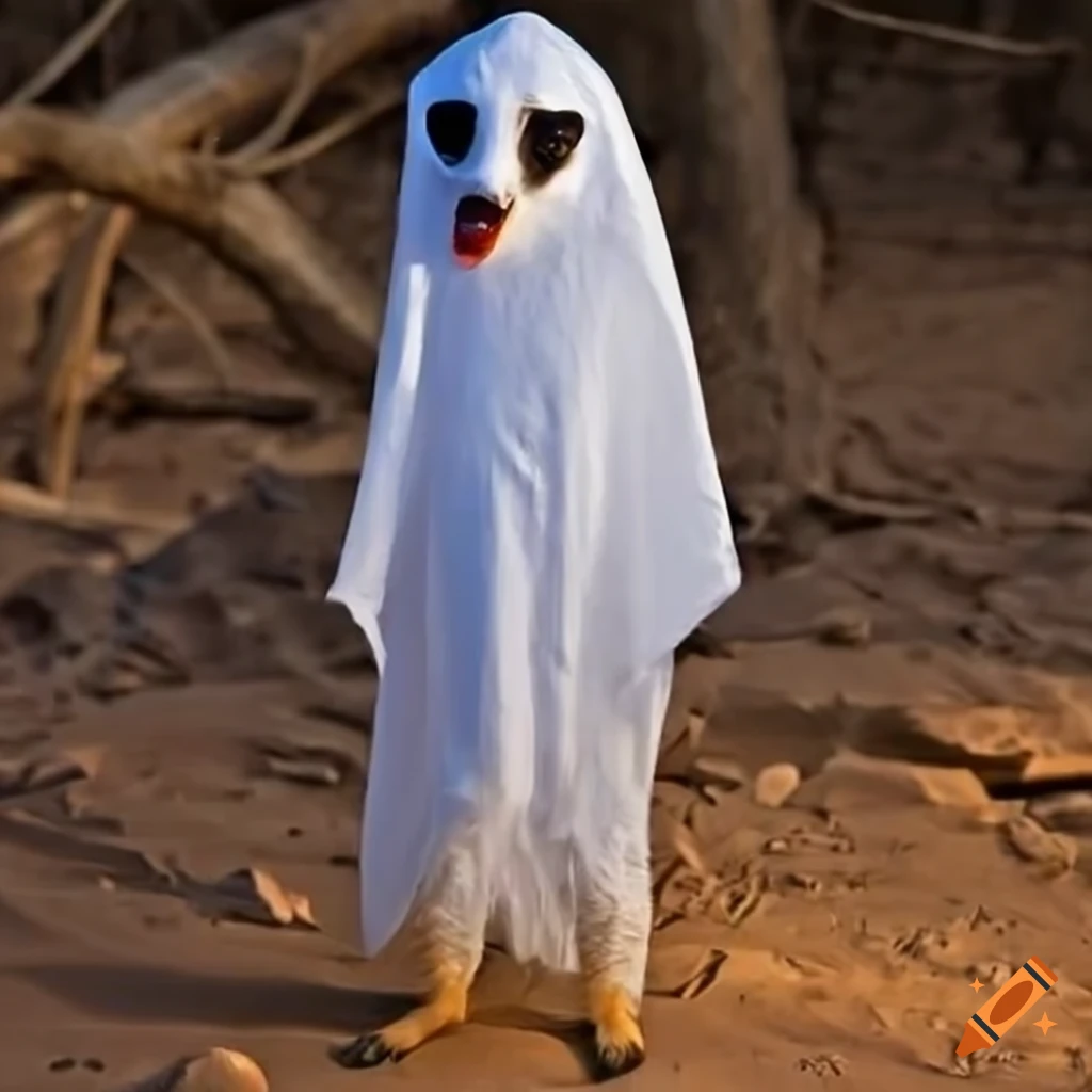 Meerkat in a ghost costume with cut eyeholes in the safari on Craiyon
