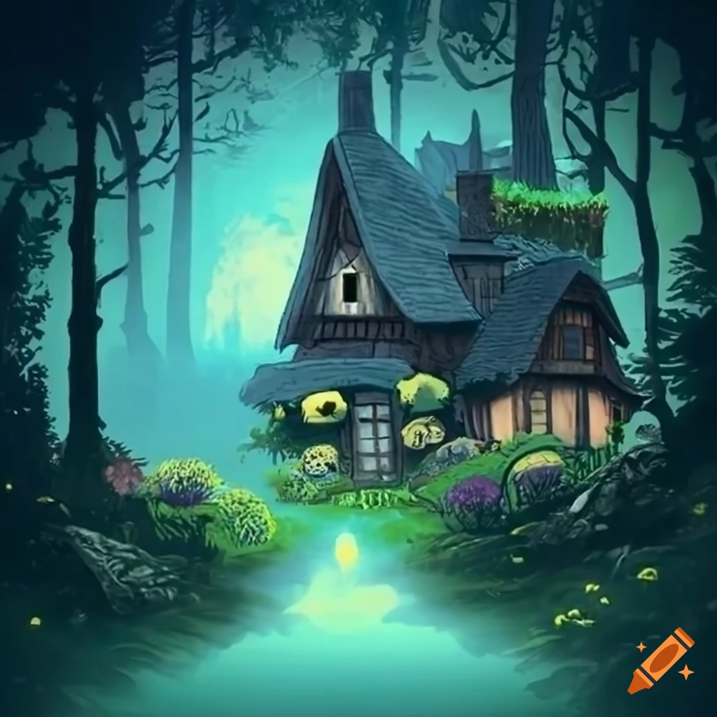 Studio Ghibli-inspired image of a serene meadow, misty mountains, and a quaint cottage with intricate wooden carvings