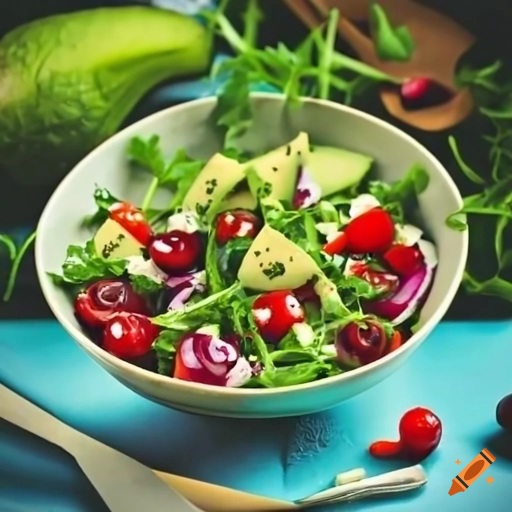 Salad with arugula, avocado, cherry tomatoes, sliced cucumber, pine nuts, and olive oil-mustard-balsamic dressing