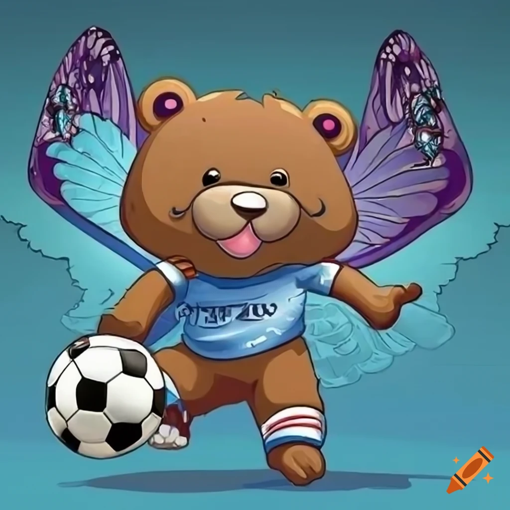 Cartoon bear with butterfly wings playing soccer in a Manchester City jersey