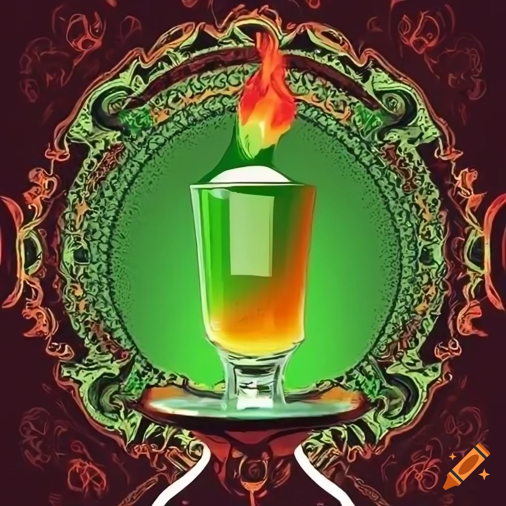 Green absinthe with flaming sugar cube in ornate art deco style
